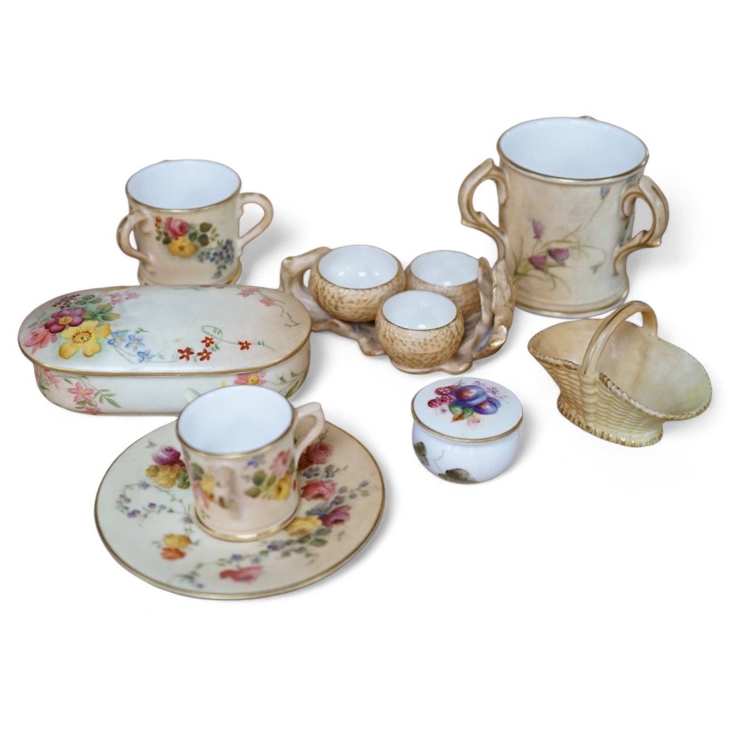 A group of Royal Worcester etc. miniatures including blush ivory tygs and a miniature fruit painted pot and cover, largest 6cm high (8). Condition - mostly fair